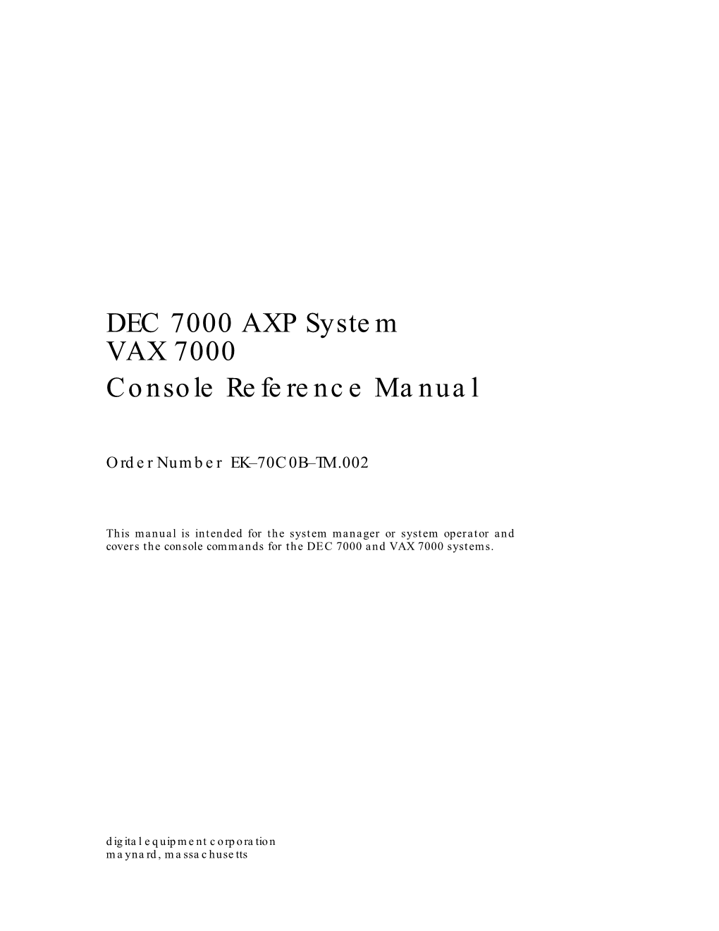 DEC 7000 AXP, VAX 7000 Console Reference Manual