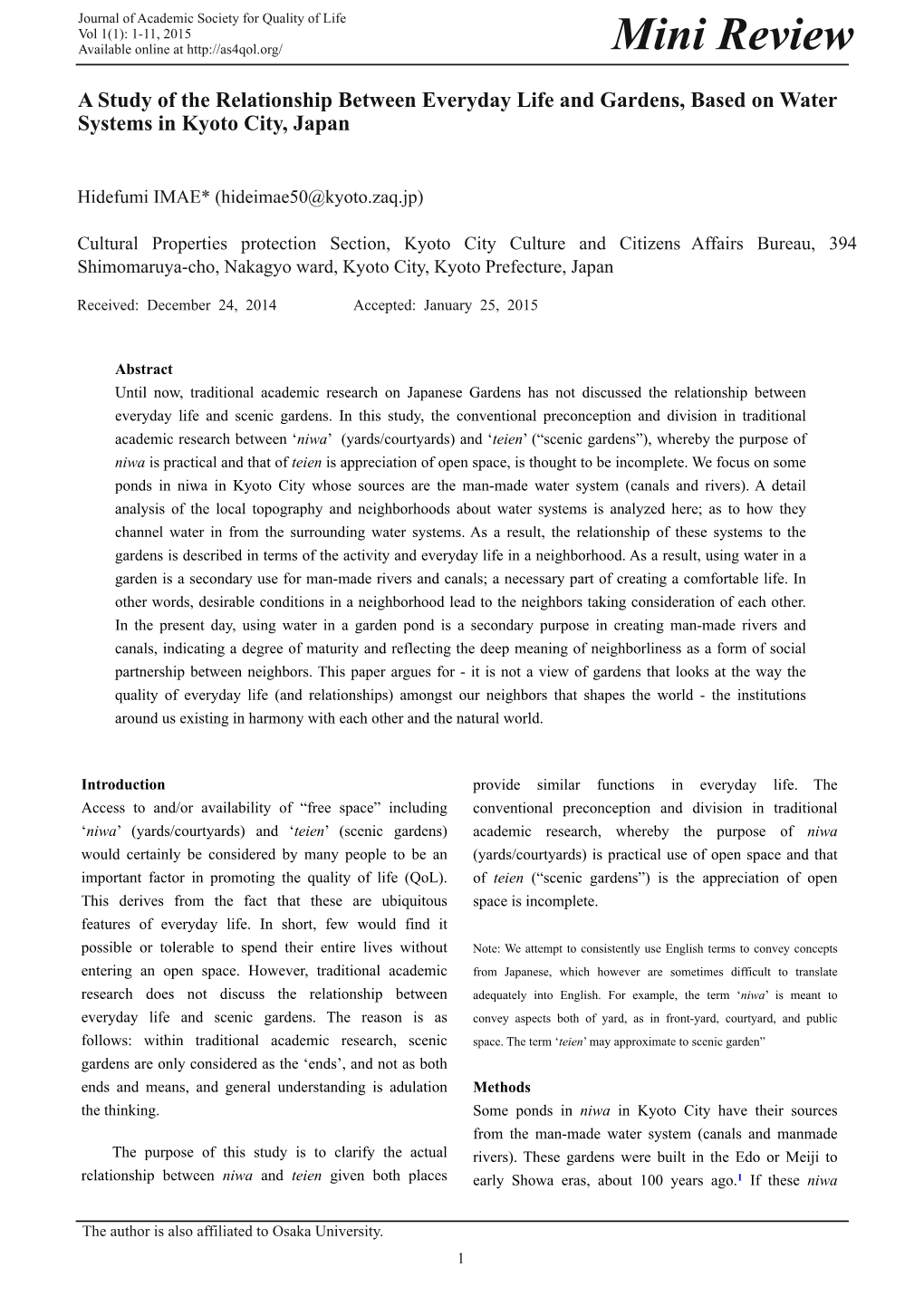 A Study of the Relationship Between Everyday Life and Gardens, Based on Water Systems in Kyoto City, Japan