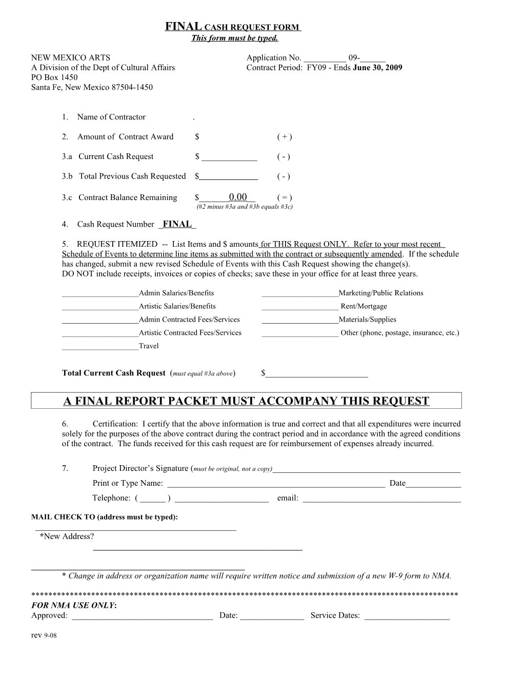 Cash Request Form