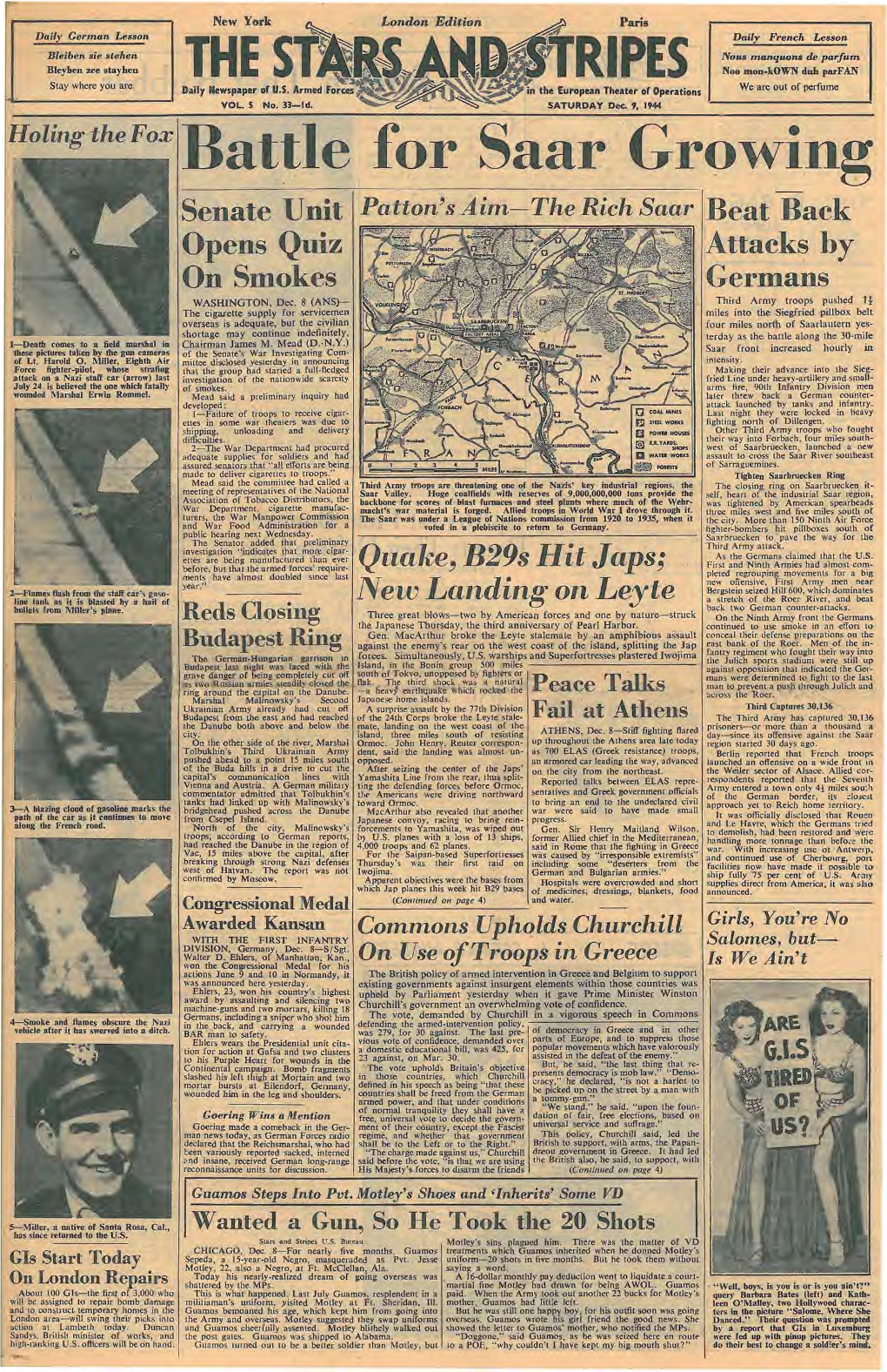 Battle for Saar Growing Senate -Unit Patton's Aim—The Rich Saar Beat Back Opens Quiz Attacks by on Smokes Germans WASHINGTON