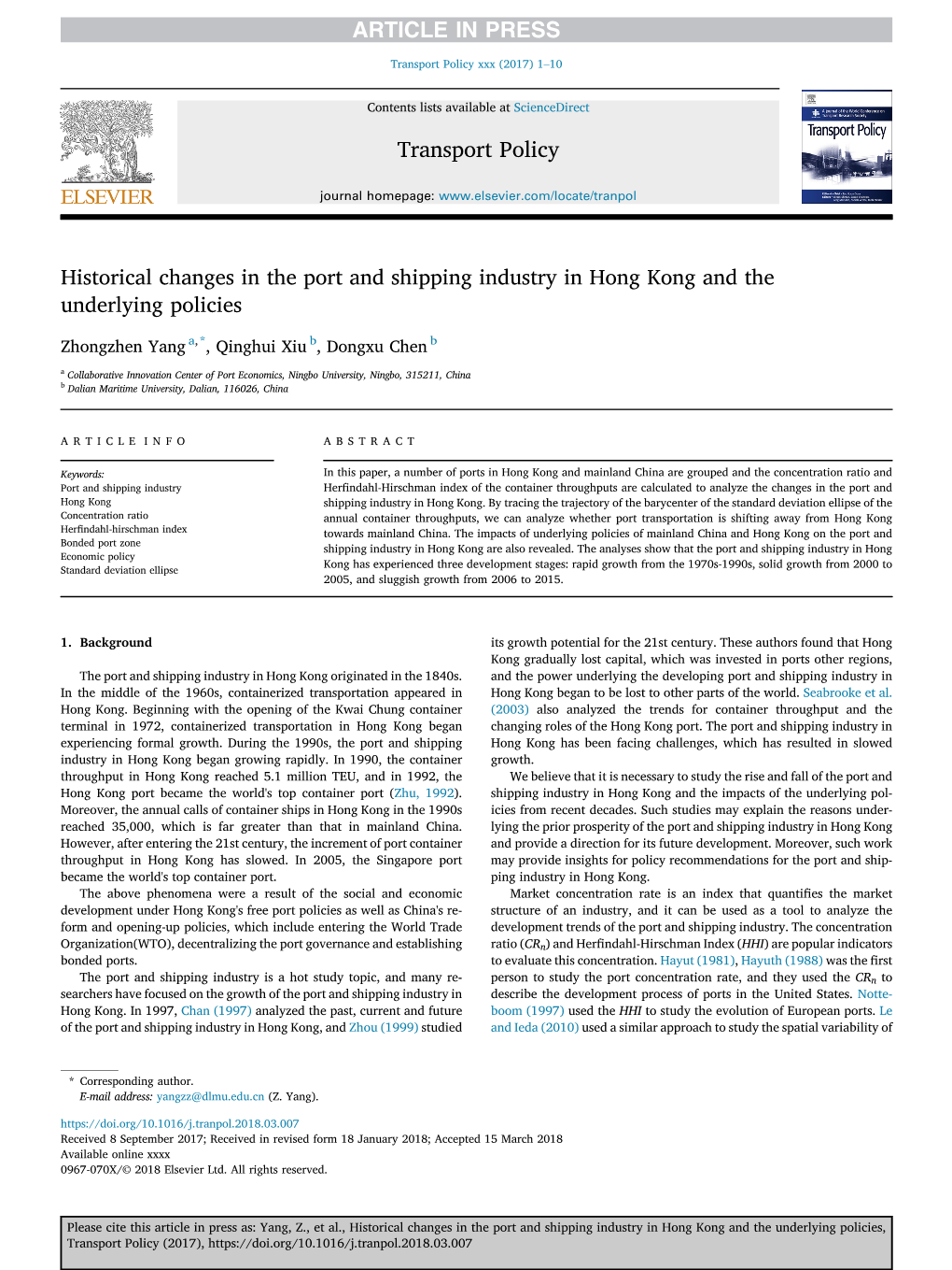 Historical Changes in the Port and Shipping Industry in Hong Kong and the Underlying Policies