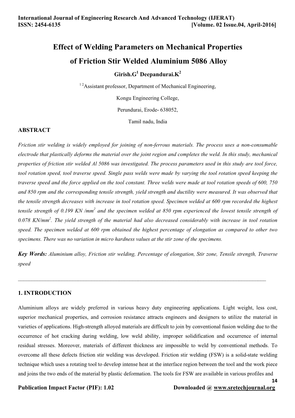 Effect of Welding Parameters on Mechanical Properties of Friction Stir Welded Aluminium 5086 Alloy