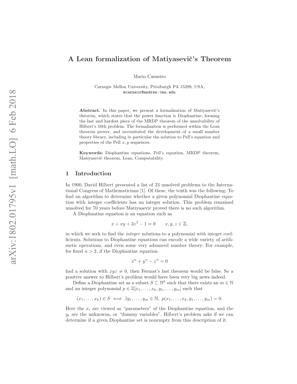 A Lean Formalization of Matiyasevi\V {C}'S Theorem