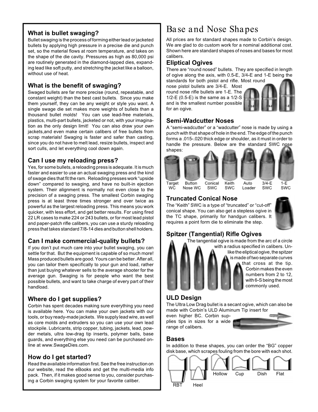 Base and Nose Shapes Bullet Swaging Is the Process of Forming Either Lead Or Jacketed All Prices Are for Standard Shapes Made to Corbin’S Design