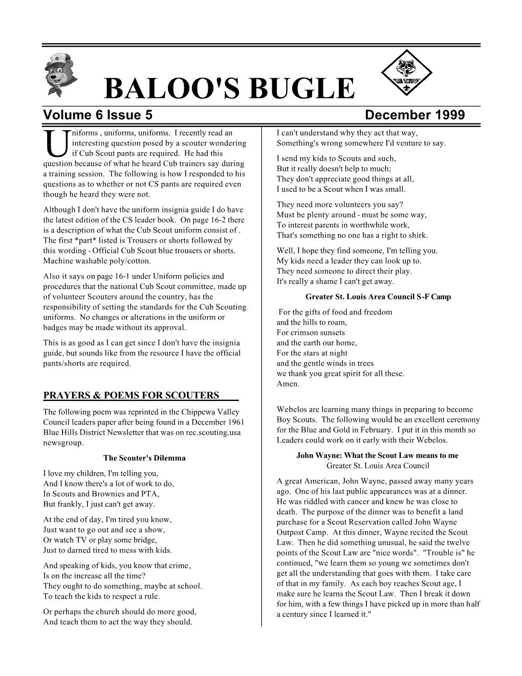 BALOO's BUGLE Volume 6 Issue 5 December 1999 Niforms , Uniforms, Uniforms