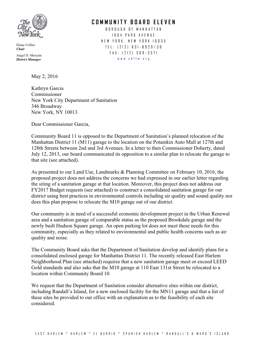 CB11 Letter to DSNY Commissioner Garcia