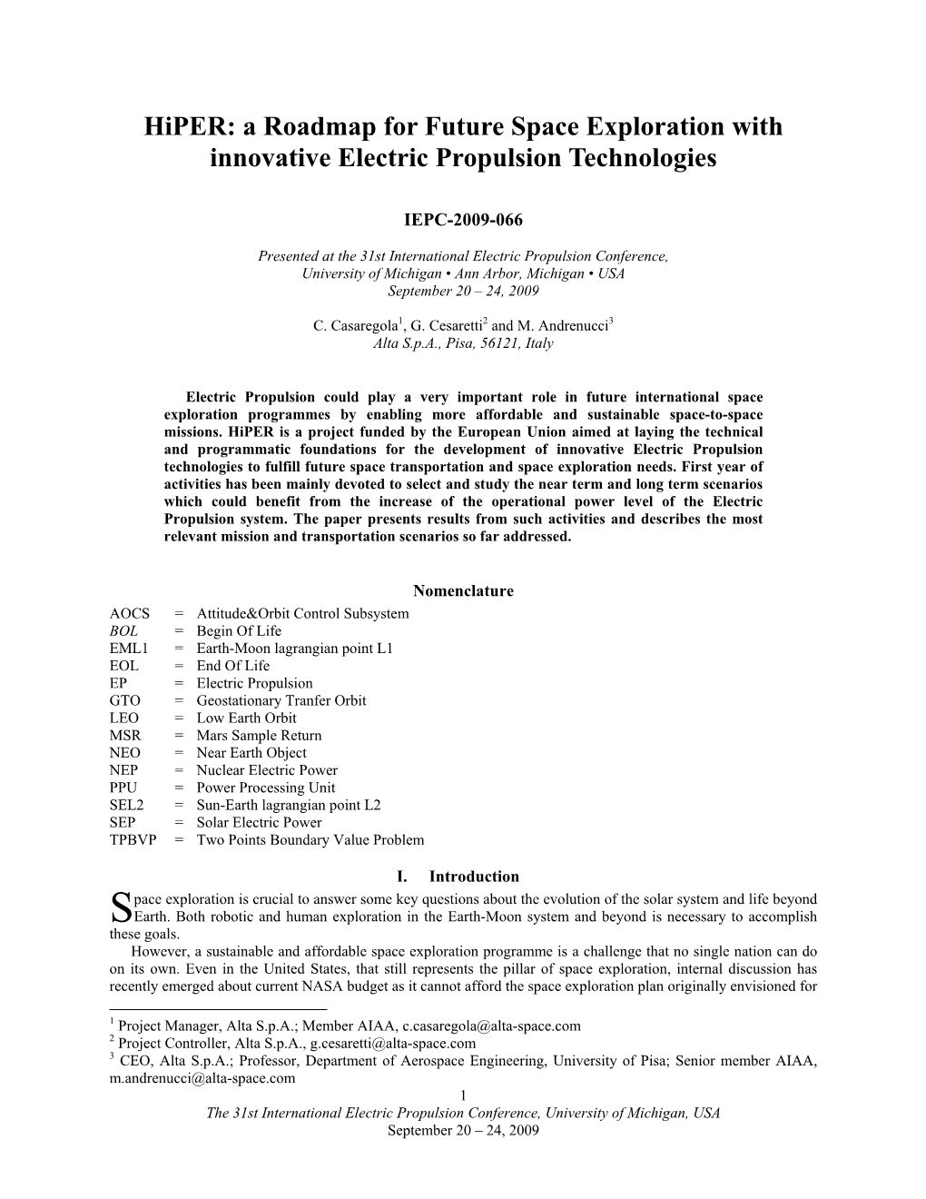 Hiper: a Roadmap for Future Space Exploration with Innovative Electric Propulsion Technologies