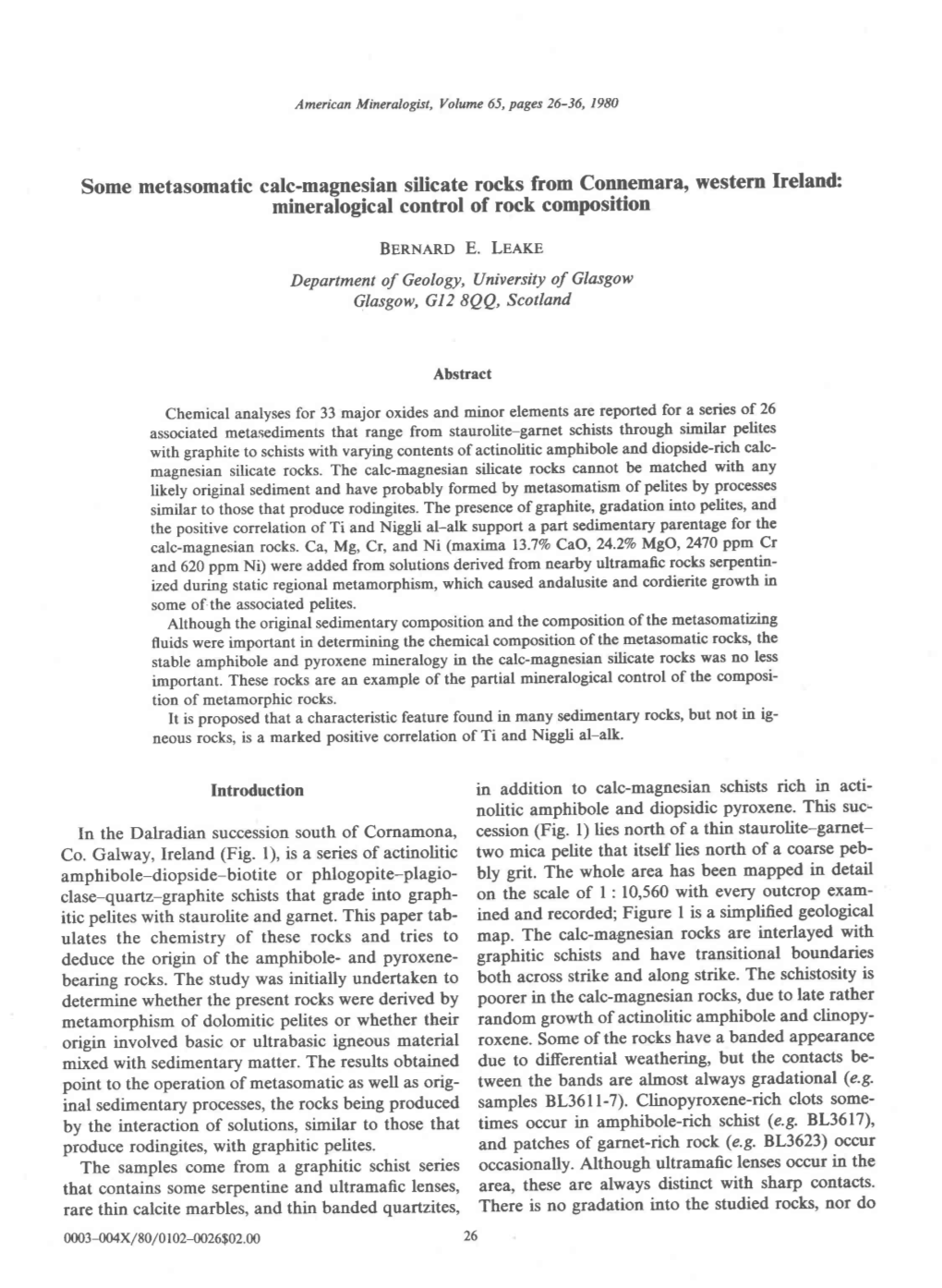 Some Metasomatic Calc-Magnesian Silicate Rocks from Connemara' Western Lreland: Mineralogical Control of Rock Composition