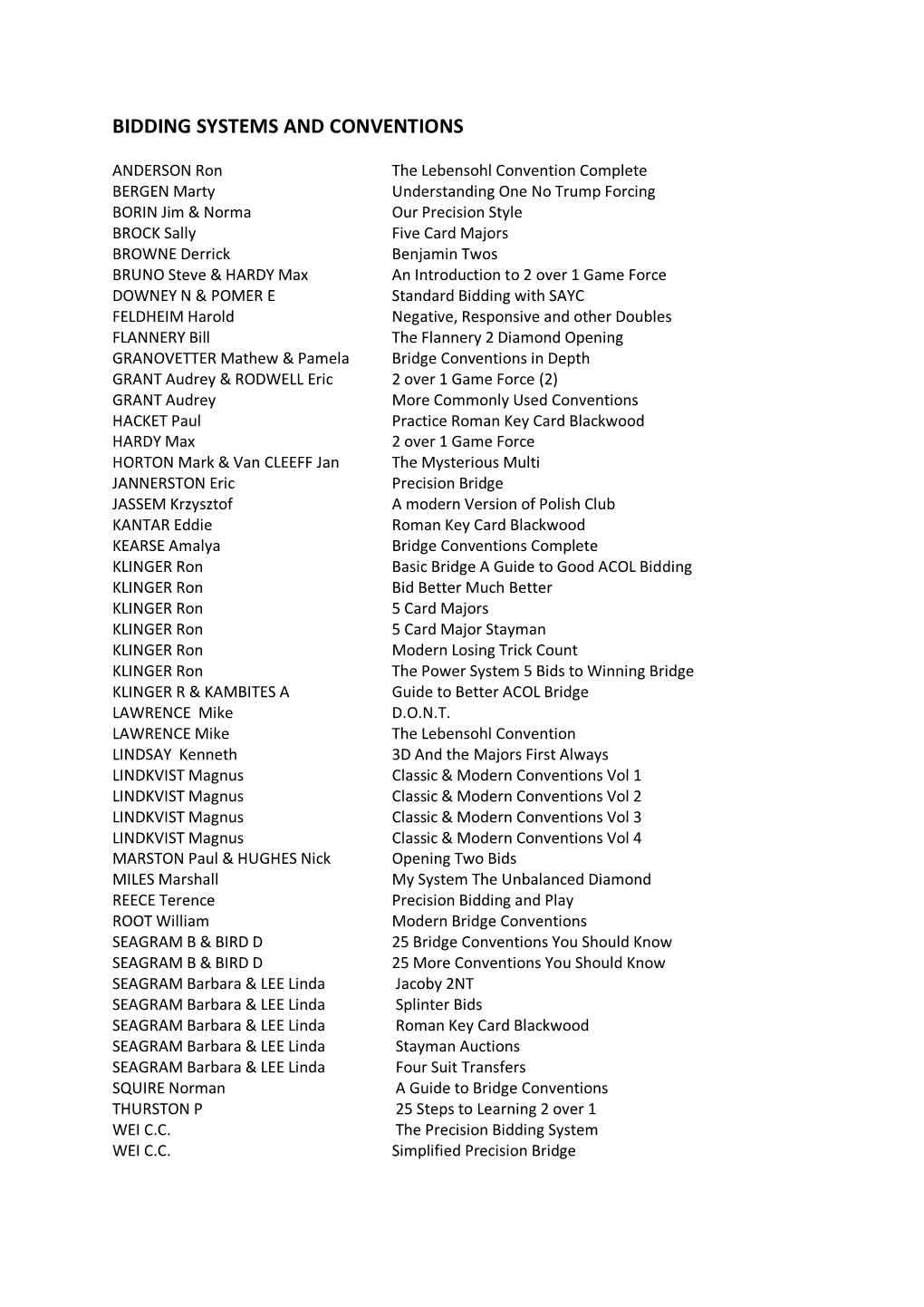 Bidding Systems and Conventions