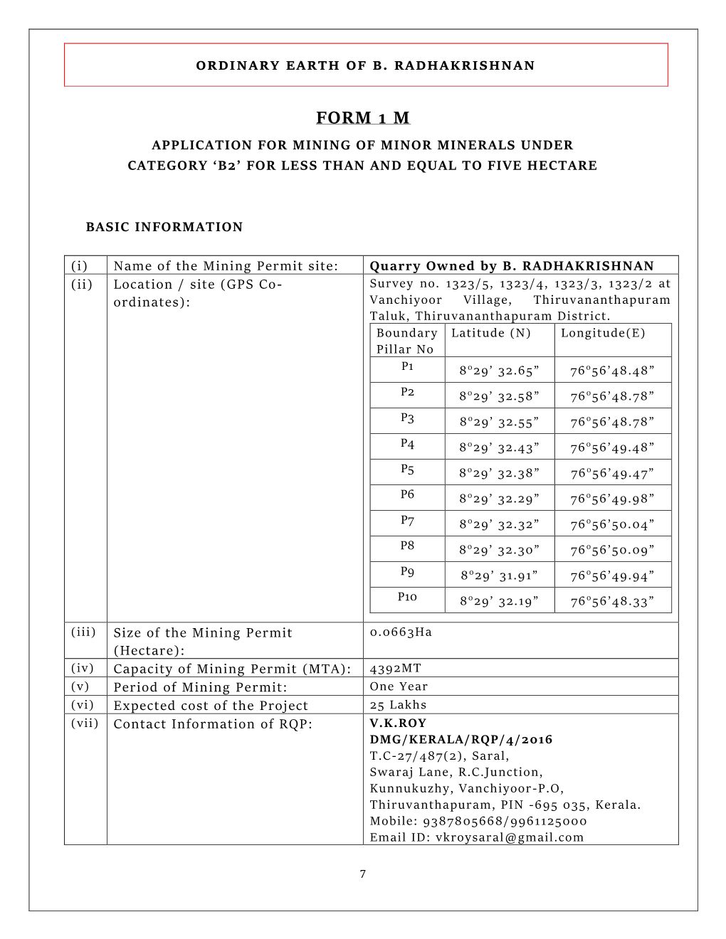 Form 1 M Application for Mining of Minor Minerals Under Category ‘B2’ for Less Than and Equal to Five Hectare
