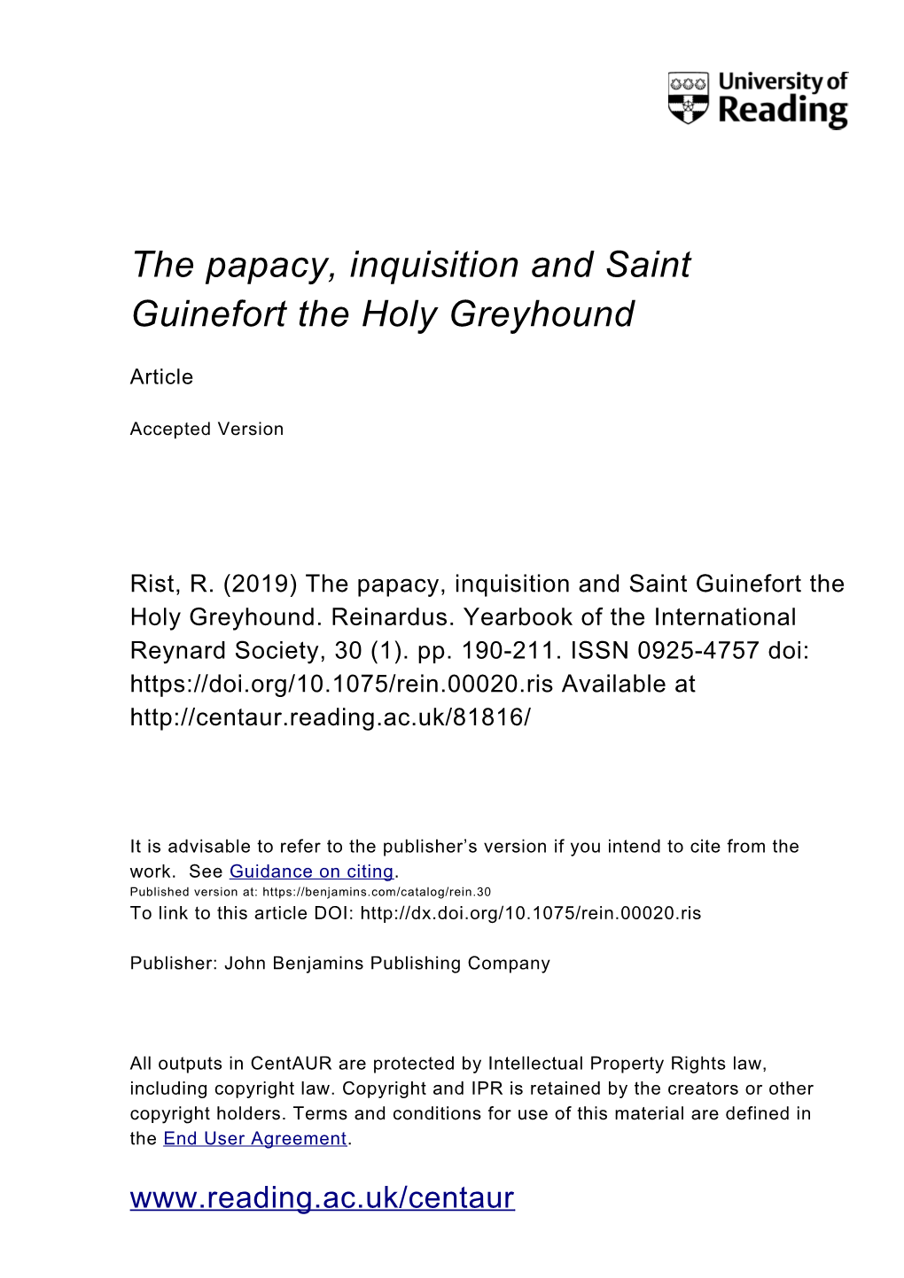 The Papacy, Inquisition and Saint Guinefort the Holy Greyhound