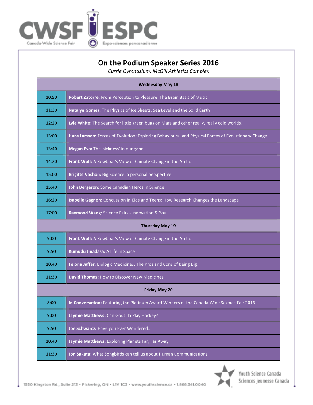 On the Podium Speaker Series 2016 Currie Gymnasium, Mcgill Athletics Complex