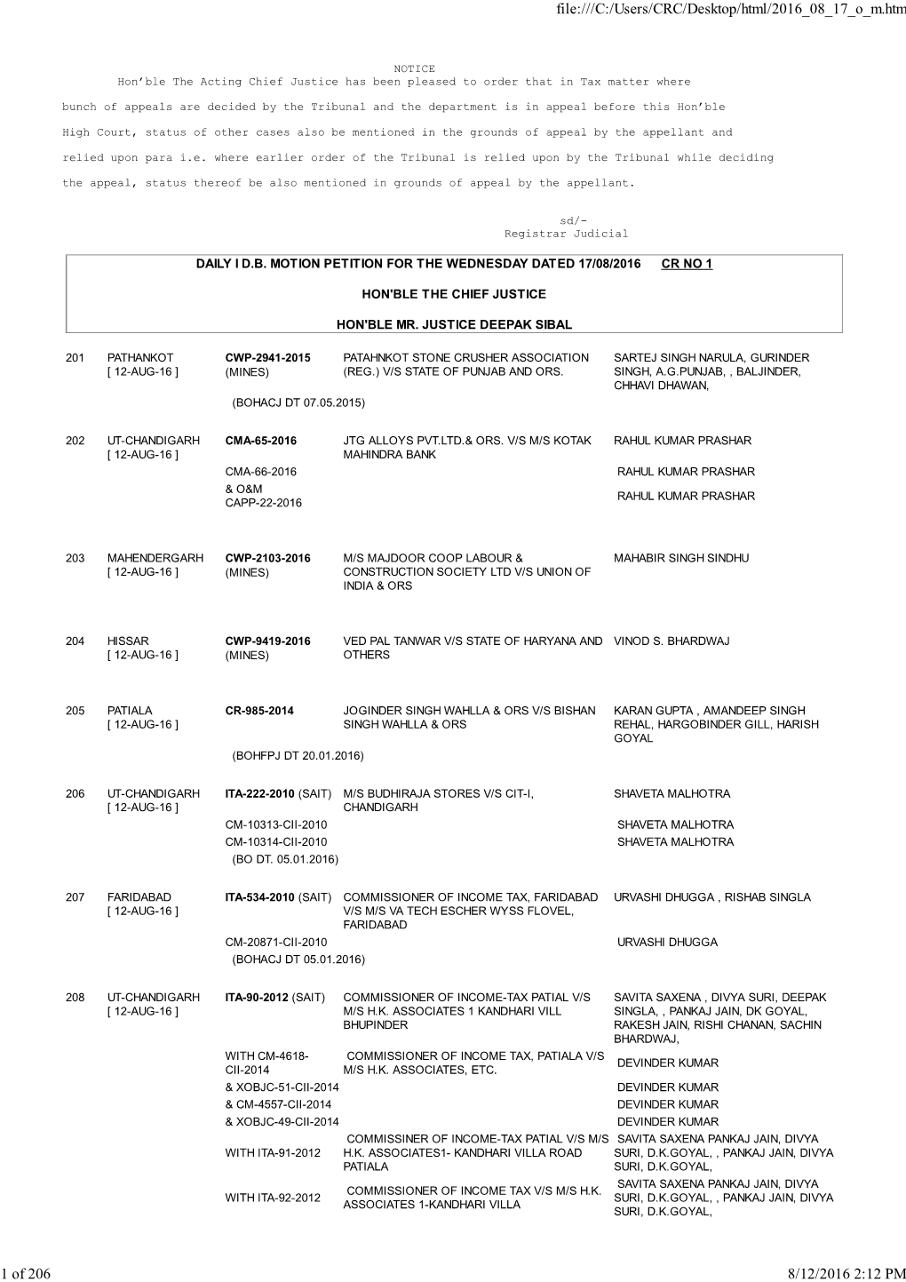 Daily I D.B. Motion Petition for the Wednesday Dated 17/08/2016 Cr No 1