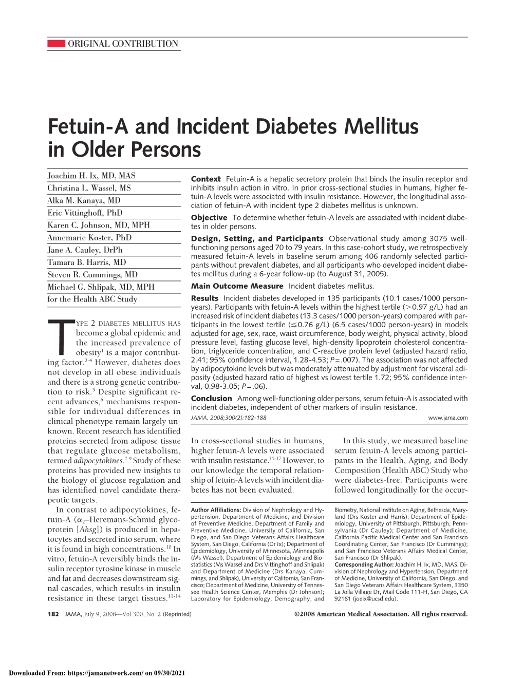 Fetuin-A and Incident Diabetes Mellitus in Older Persons