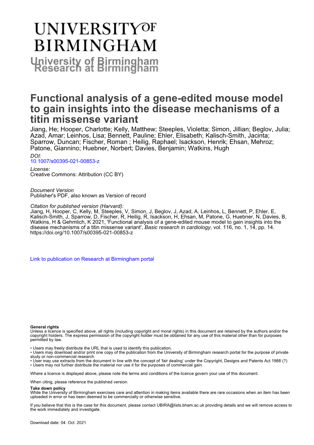 Functional Analysis of a Gene-Edited Mouse Model to Gain Insights Into