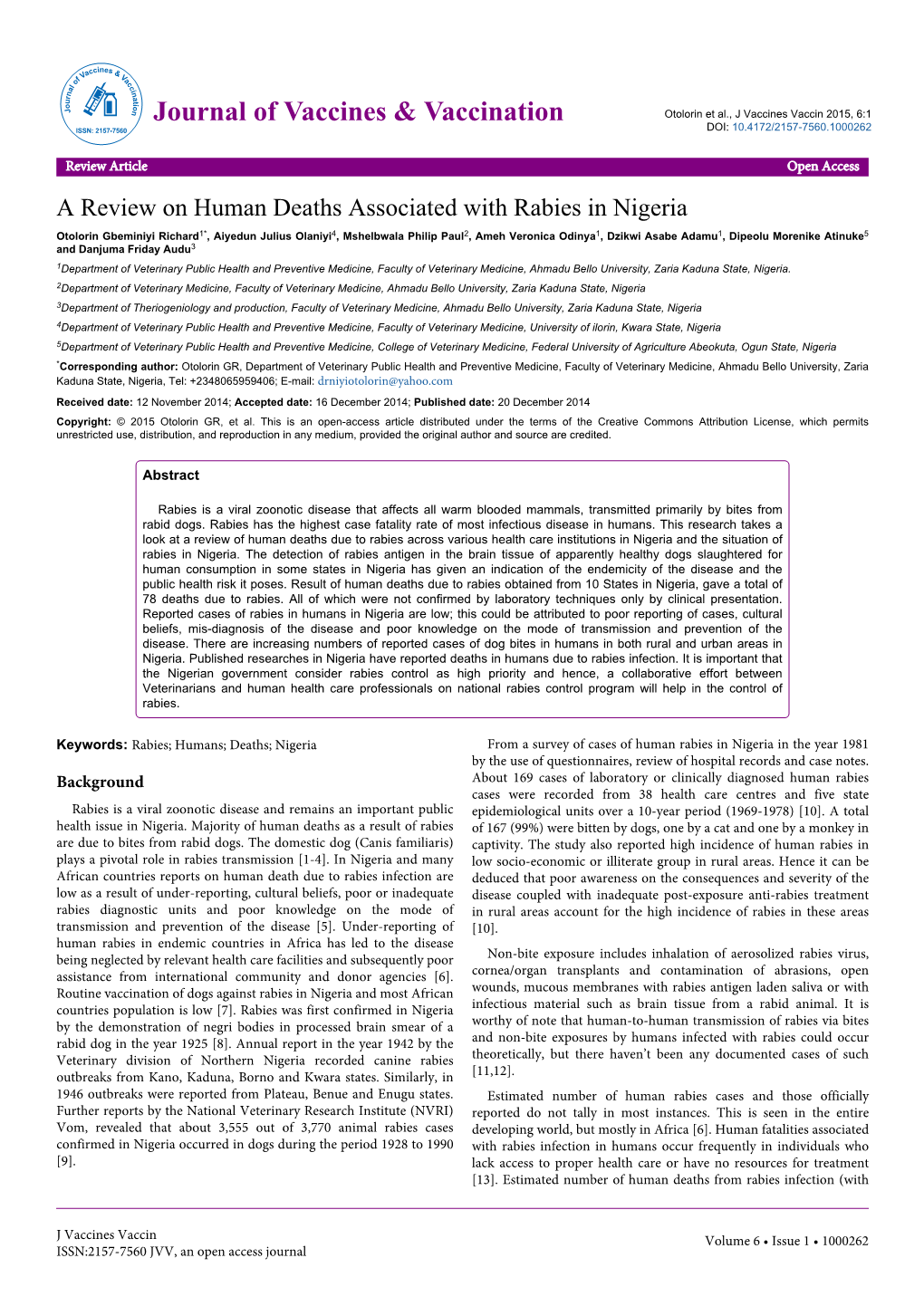 A Review on Human Deaths Associated with Rabies in Nigeria