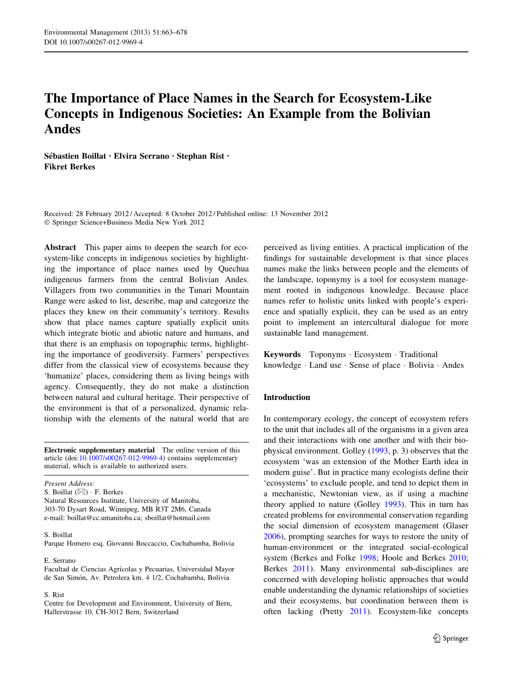 The Importance of Place Names in the Search for Ecosystem-Like Concepts in Indigenous Societies: an Example from the Bolivian Andes