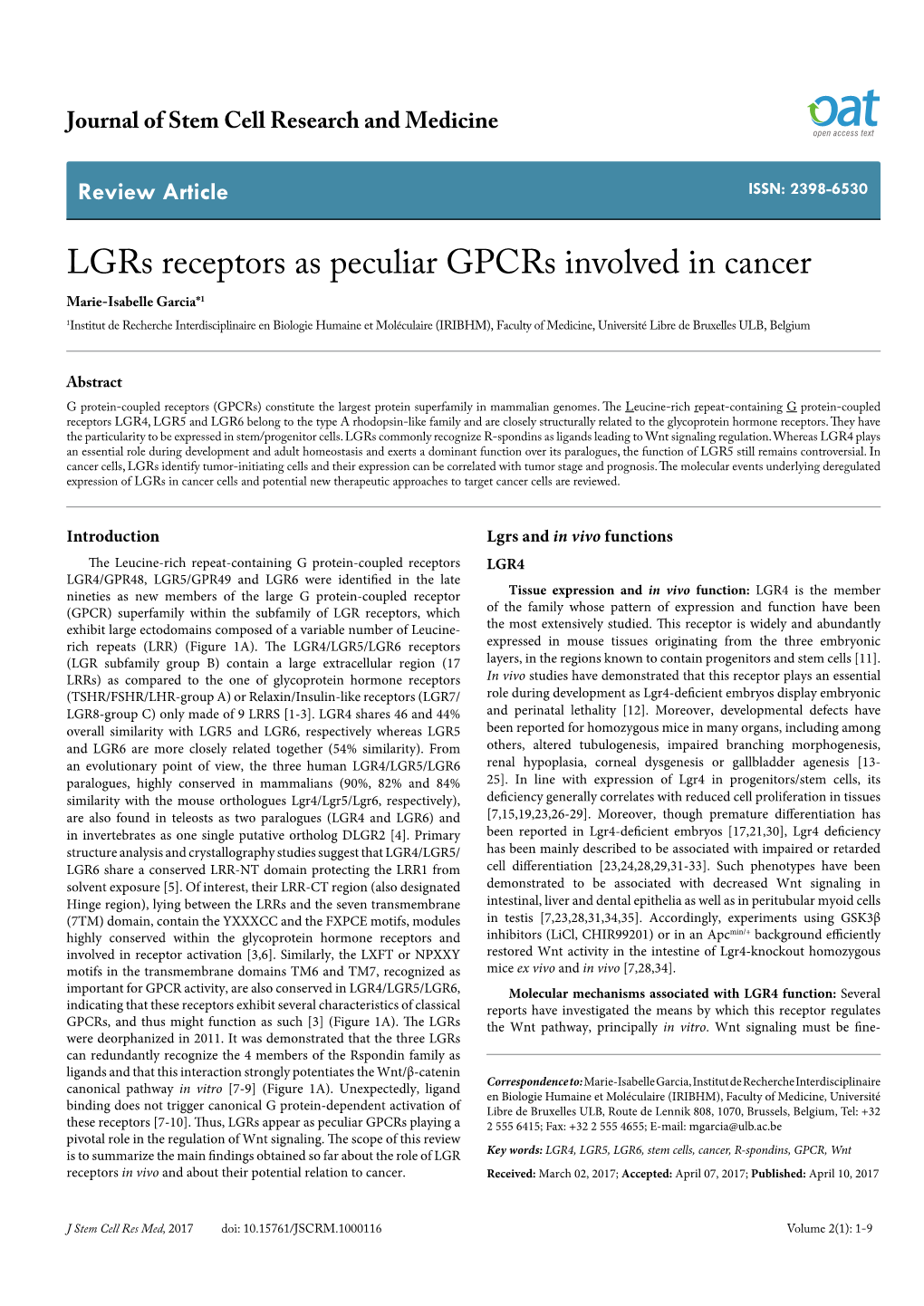 Lgrs Receptors As Peculiar Gpcrs Involved in Cancer