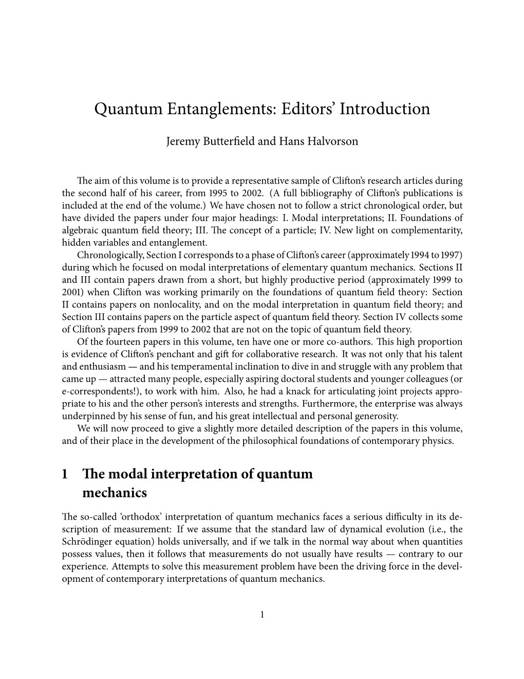 Quantum Entanglements: Editors’ Introduction