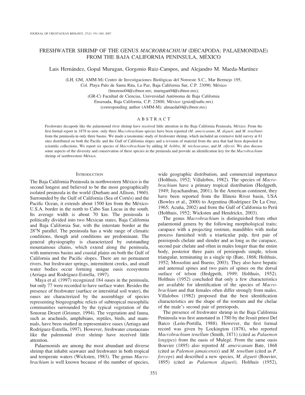 Freshwater Shrimp of the Genus Macrobrachium (Decapoda: Palaemonidae) from the Baja California Peninsula, Me´ Xico