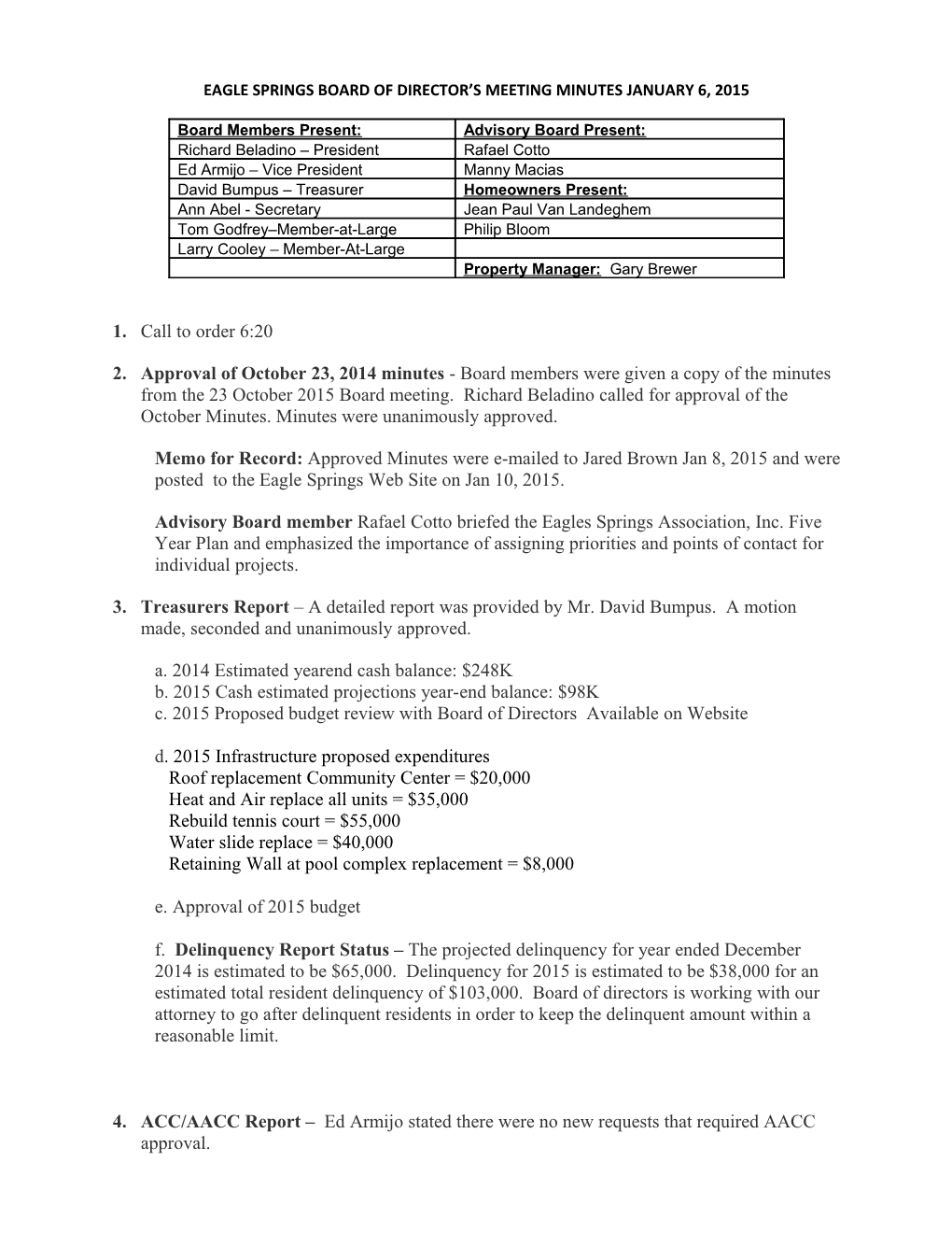 Eagle Springs Board of Director S Meeting Minutes Feb 10, 2014