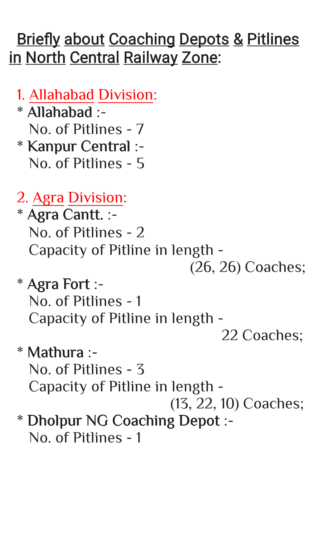 Briefly About Coaching Depots & Pitlines in North Central Railway Zone