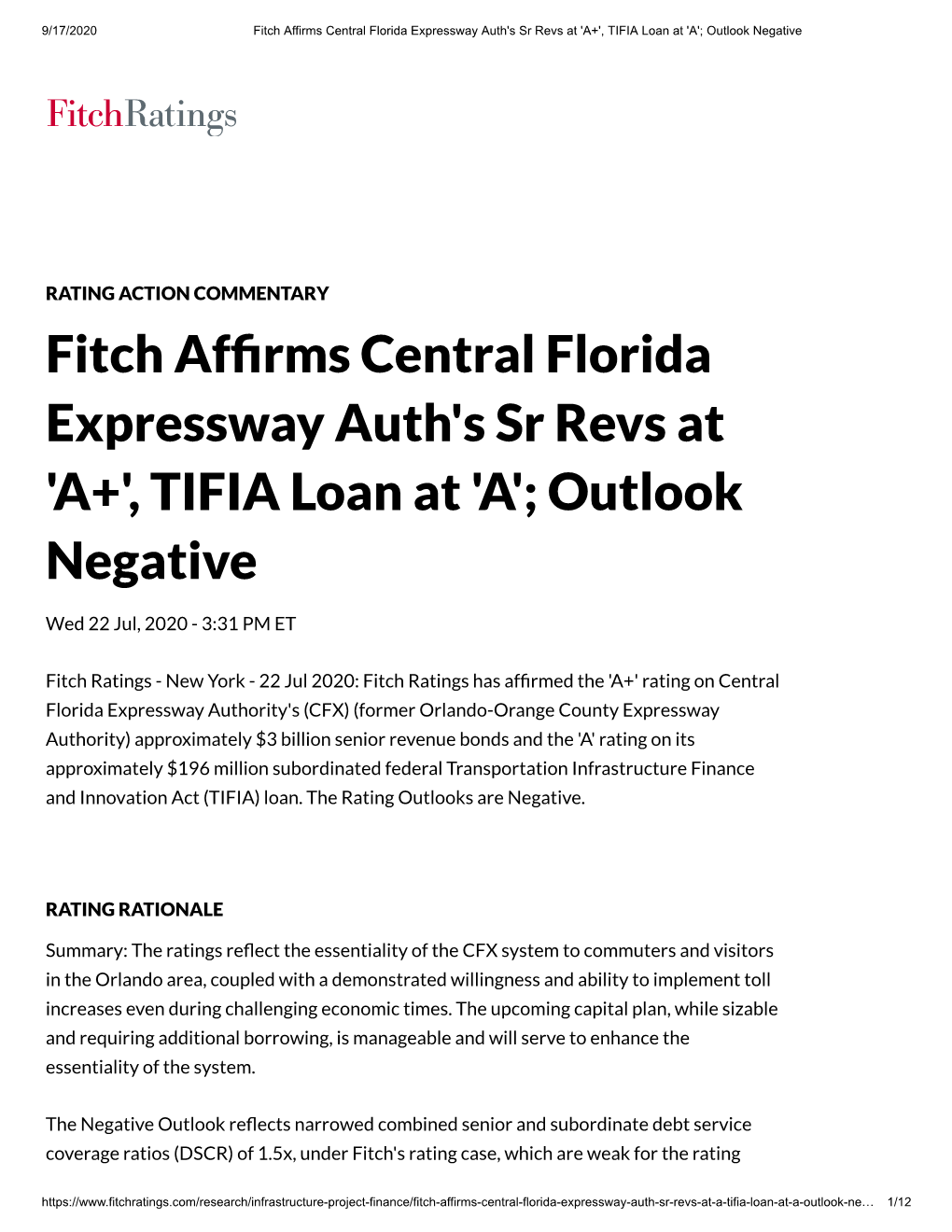 Fitch Af Rms Central Florida Expressway Auth's Sr Revs at 'A+'