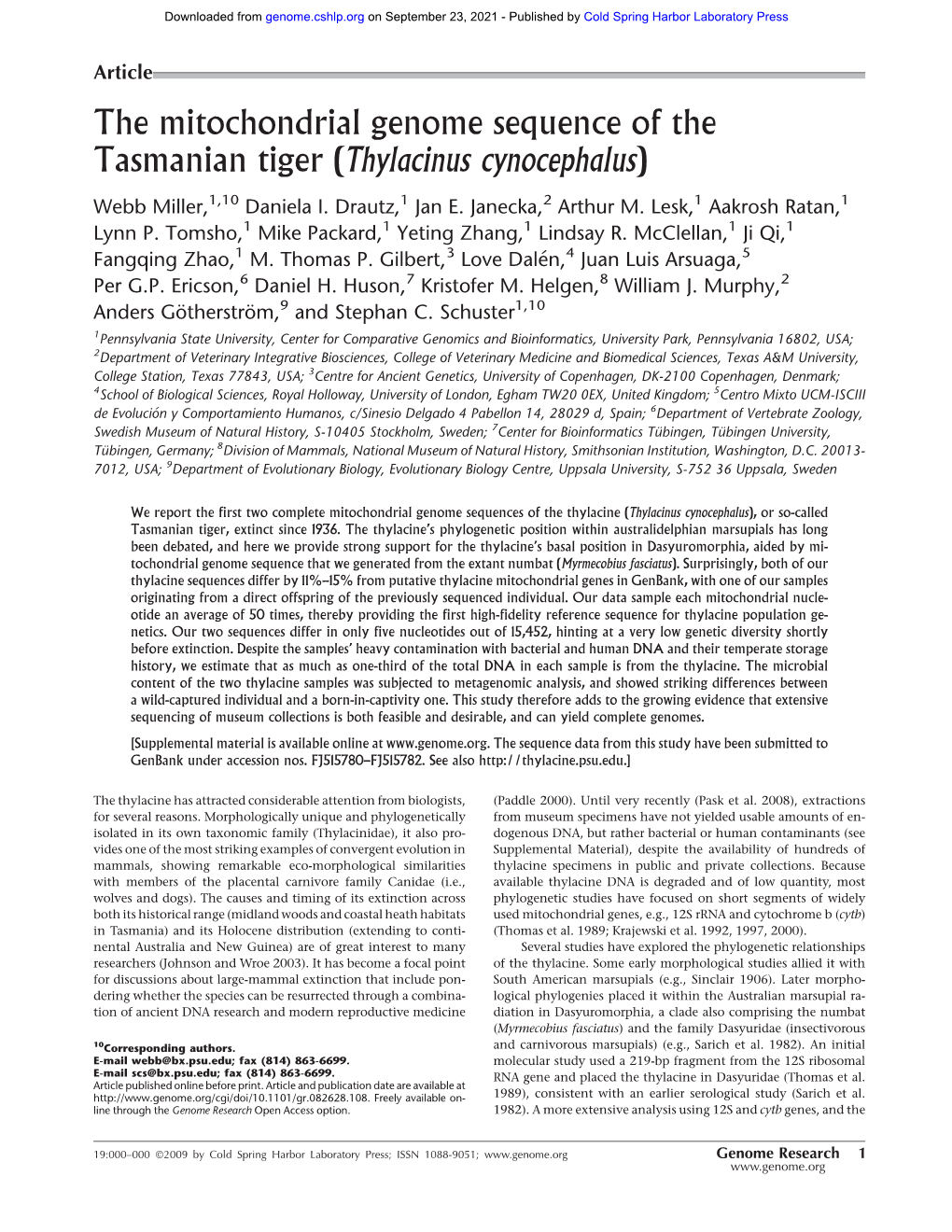 The Mitochondrial Genome Sequence of the Tasmanian Tiger (Thylacinus Cynocephalus)