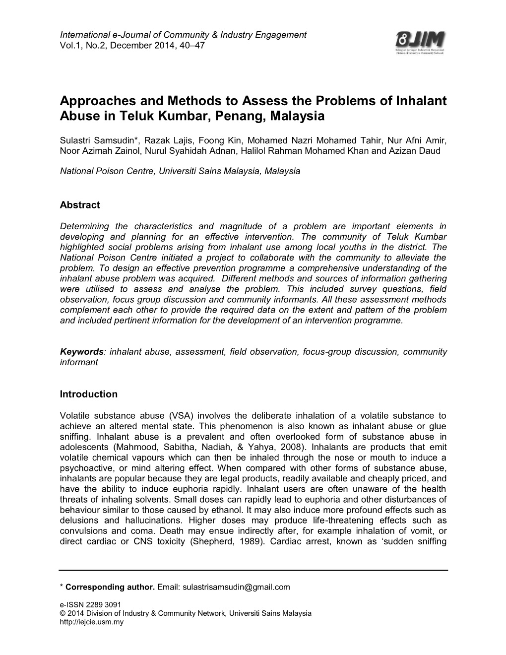 Approaches and Methods to Assess the Problems of Inhalant Abuse in Teluk Kumbar, Penang, Malaysia