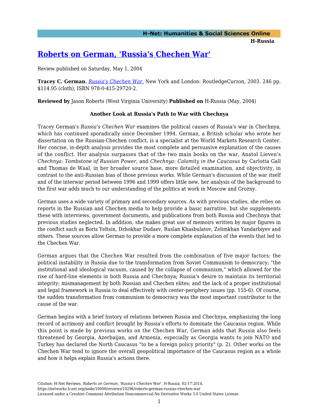 Roberts on German, 'Russia's Chechen War'