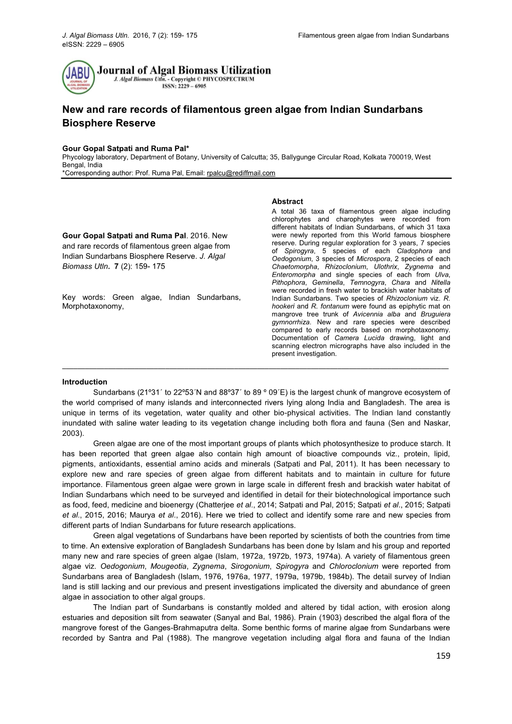 New and Rare Records of Filamentous Green Algae from Indian Sundarbans Biosphere Reserve