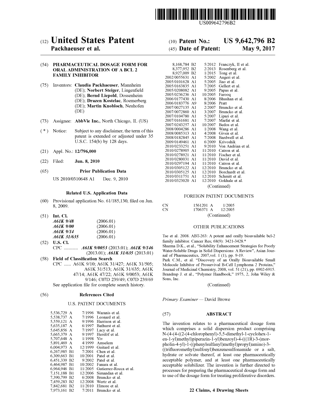 (12) United States Patent (10) Patent No.: US 9,642,796 B2 Packhaeuser Et Al