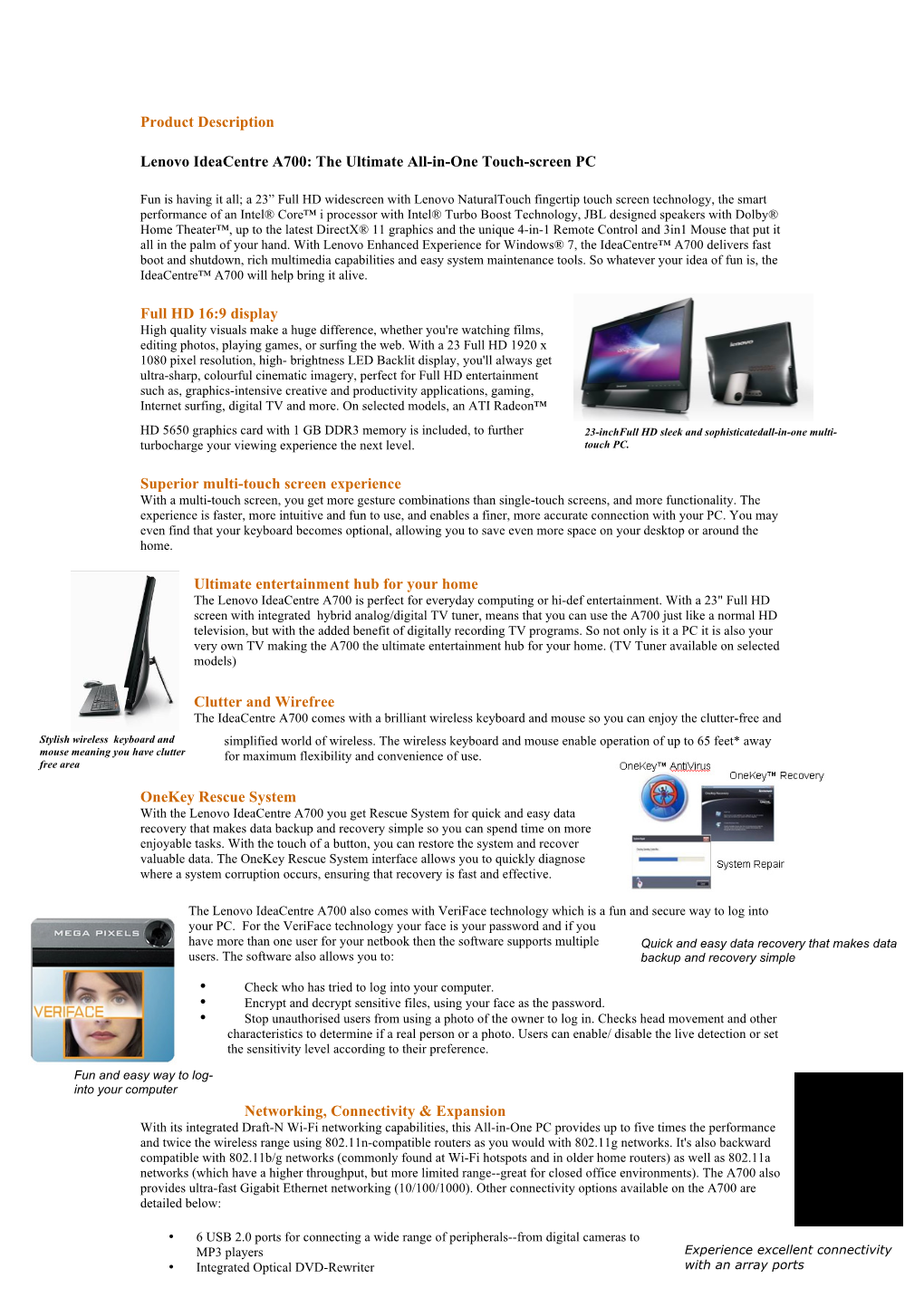 Product Description Lenovo Ideacentre A700