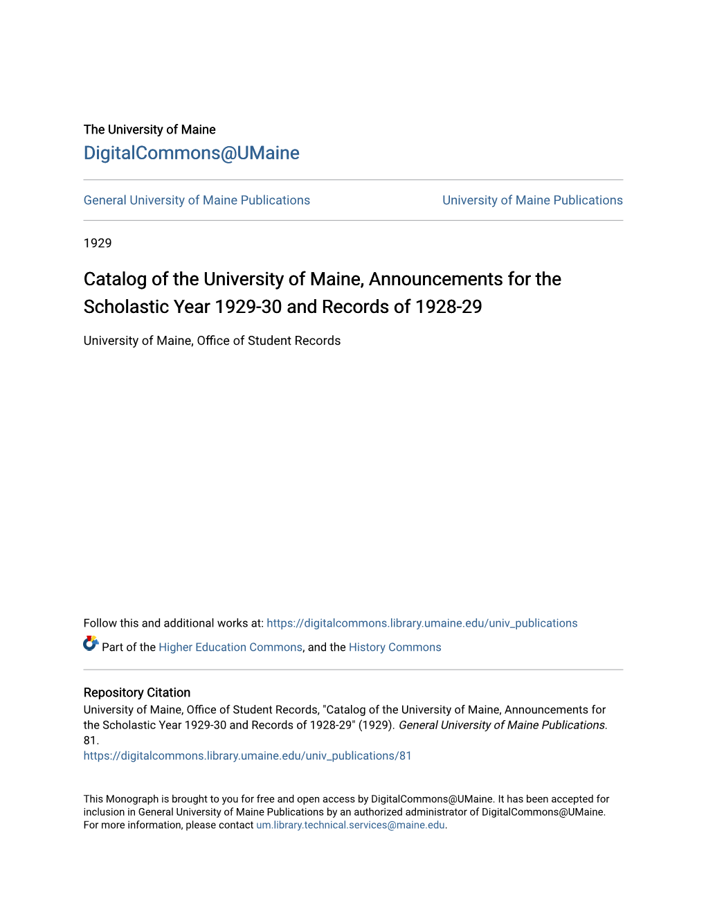 Catalog of the University of Maine, Announcements for the Scholastic Year 1929-30 and Records of 1928-29