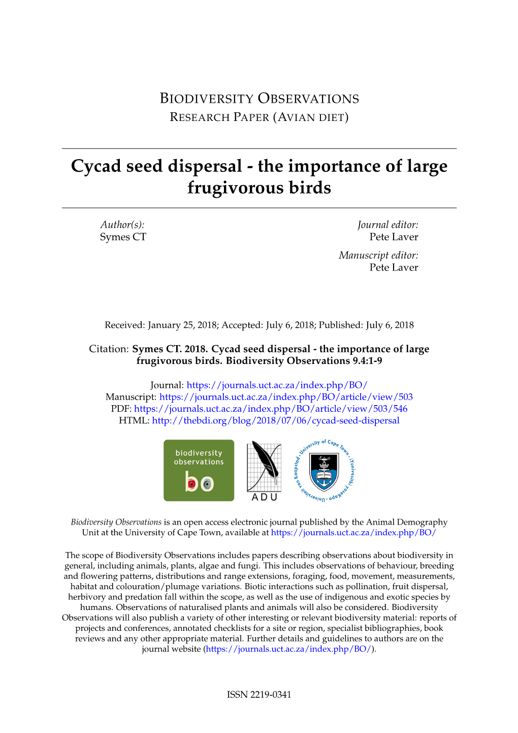 Cycad Seed Dispersal - the Importance of Large Frugivorous Birds