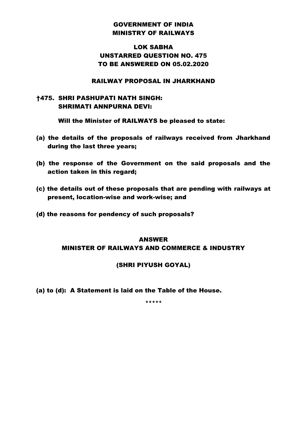 Government of India Ministry of Railways Lok Sabha