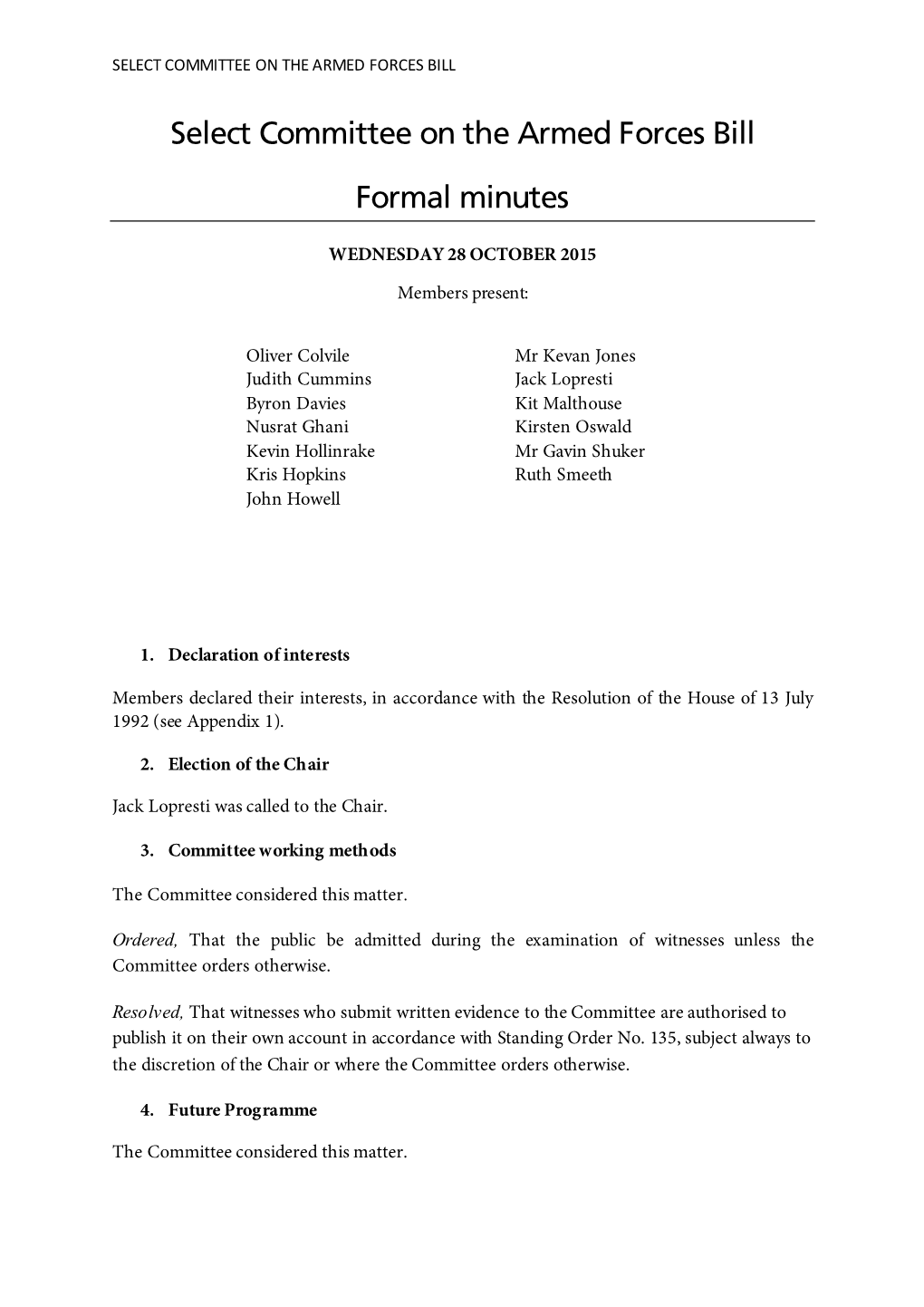 Select Committee on the Armed Forces Bill Formal Minutes
