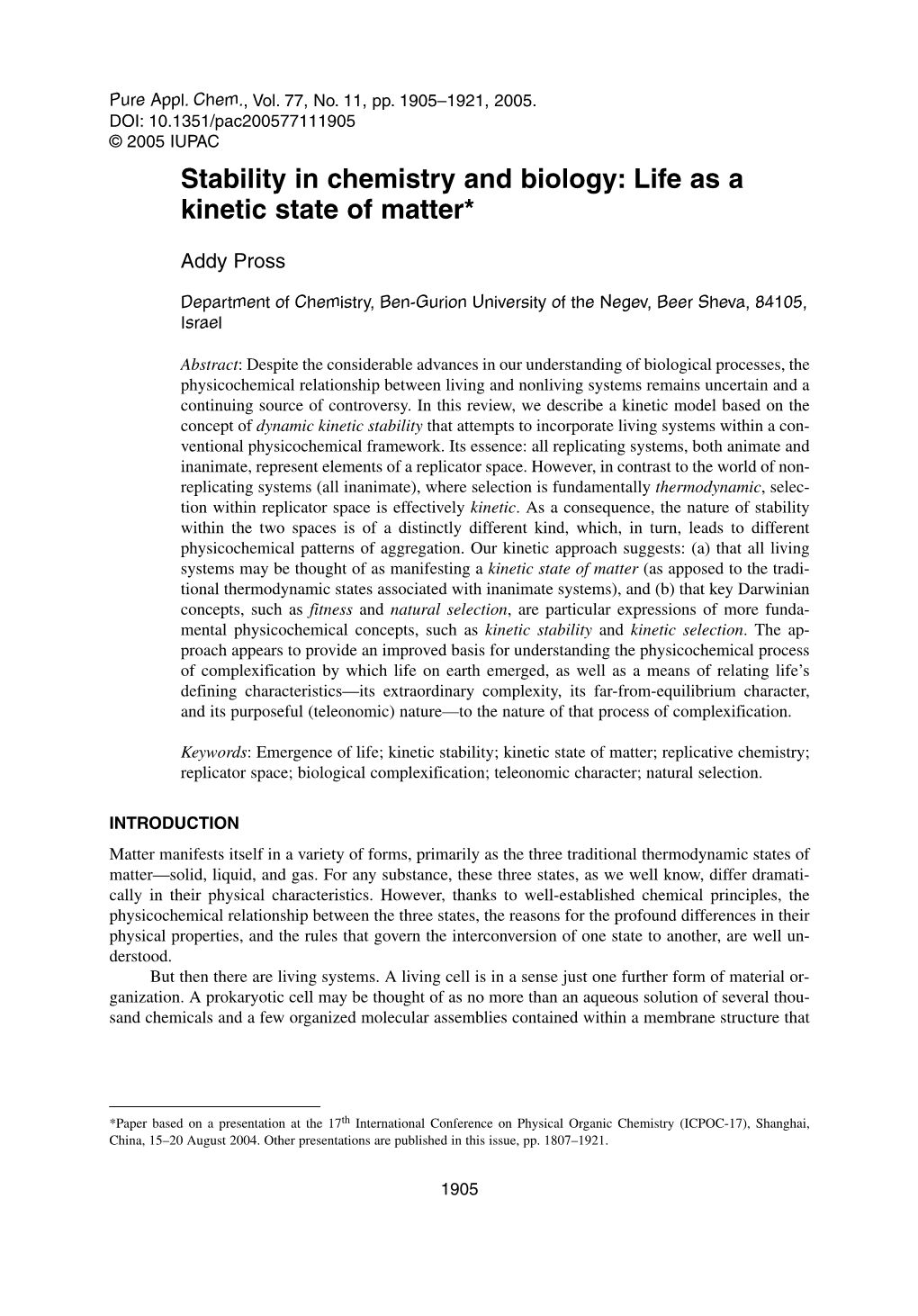 Stability in Chemistry and Biology: Life As a Kinetic State of Matter*