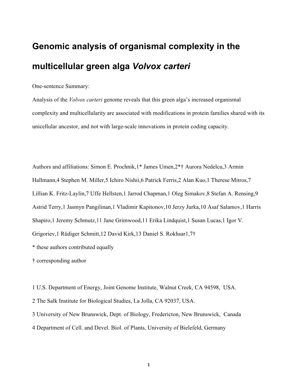 Genomic Analysis of Organismal Complexity in the Multicellular Green Alga Volvox Carteri