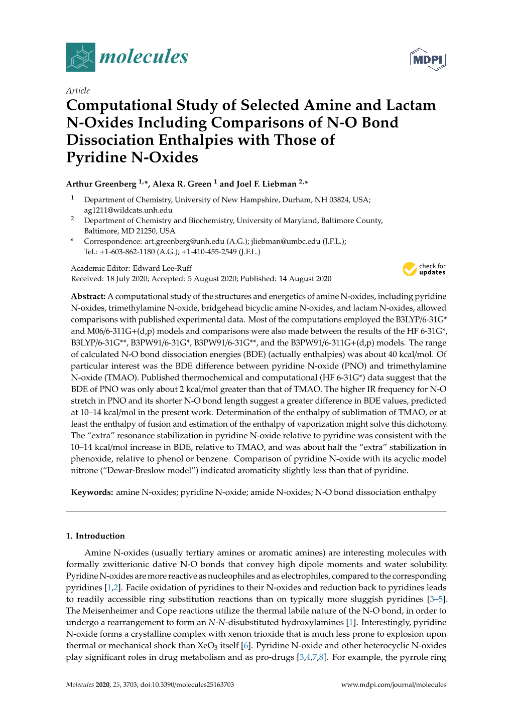 Computational Study of Selected Amine and Lactam N-Oxides Including Comparisons of N-O Bond Dissociation Enthalpies with Those of Pyridine N-Oxides