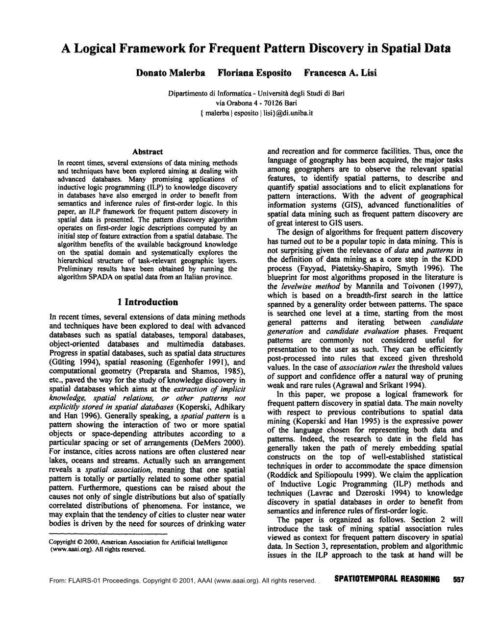 A Logical Framework for Frequent Pattern Discovery in Spatial Data