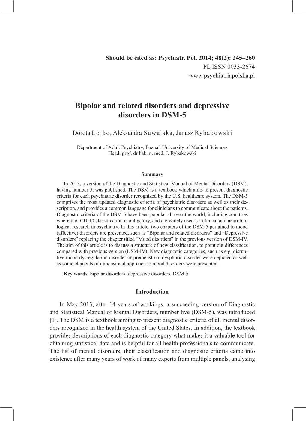 Bipolar and Related Disorders and Depressive Disorders in DSM-5