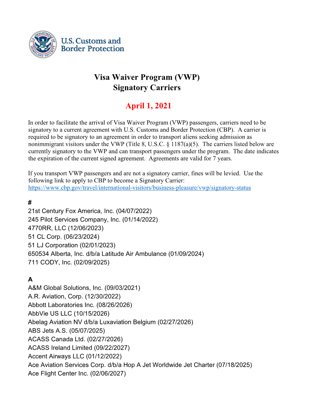 Signatory Visa Waiver Program (VWP) Carriers