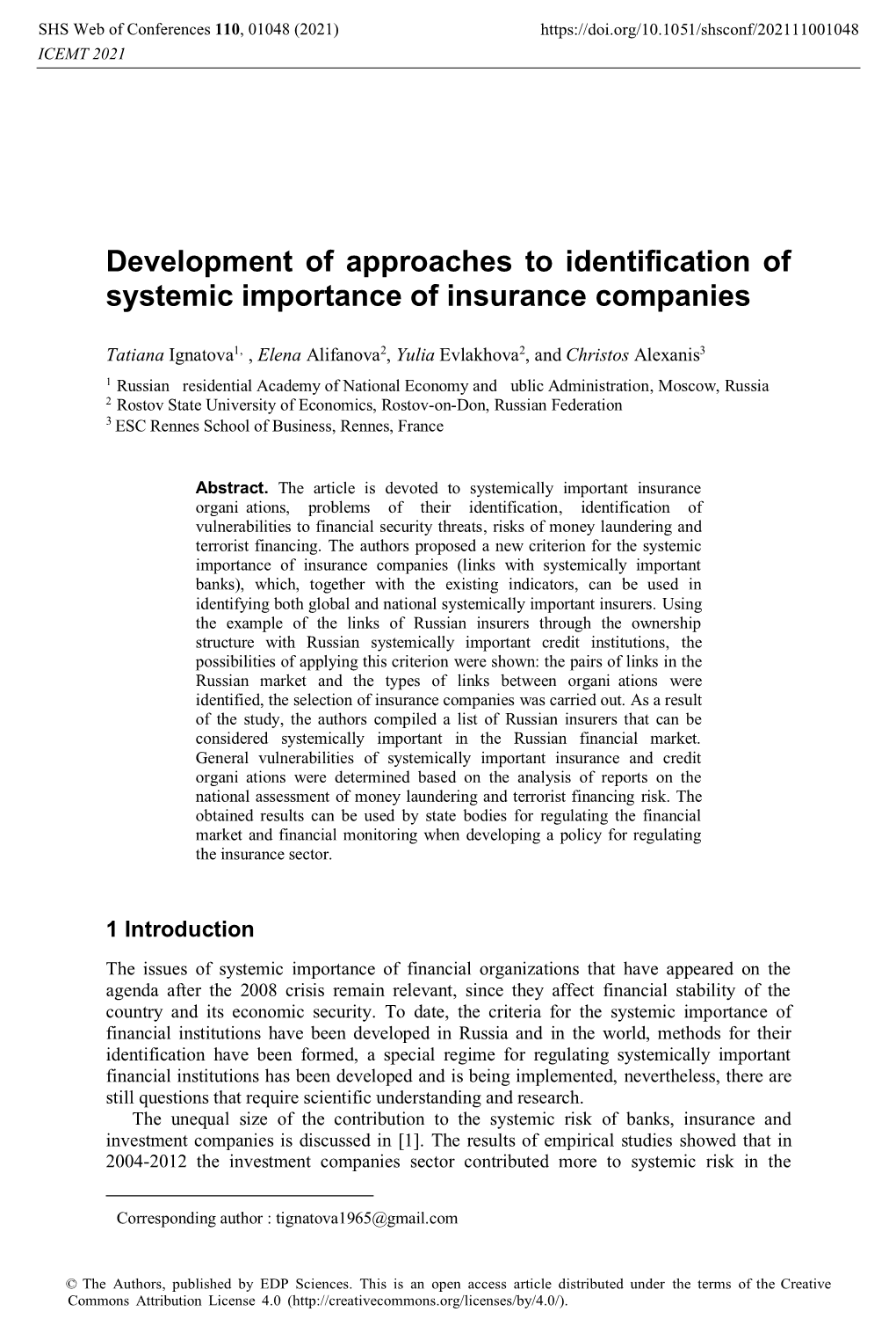 Development of Approaches to Identification of Systemic Importance of Insurance Companies