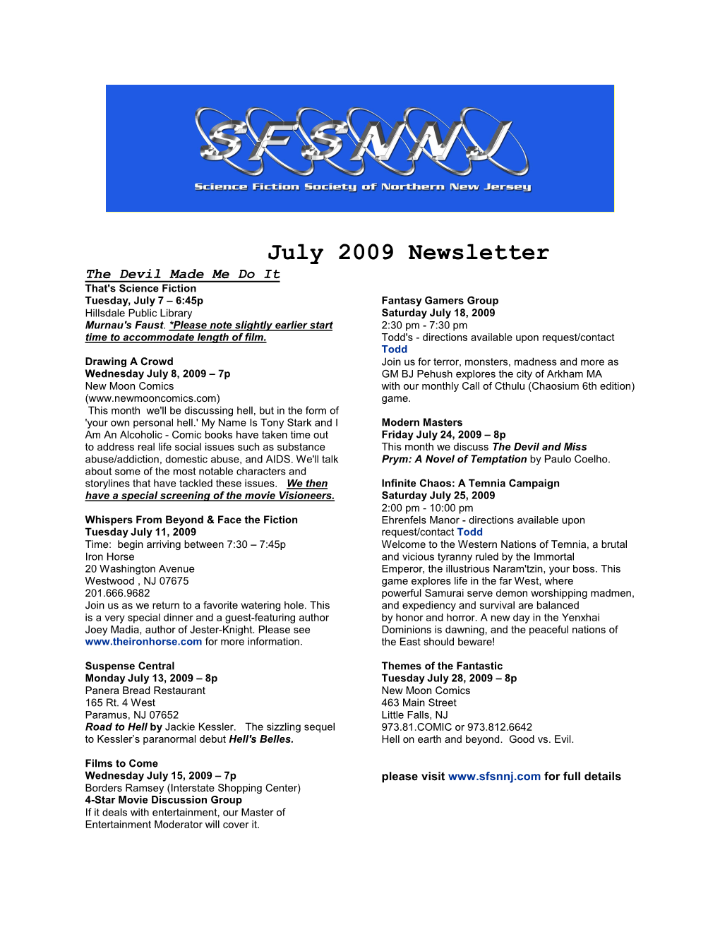 SFSNNJ Newsletter