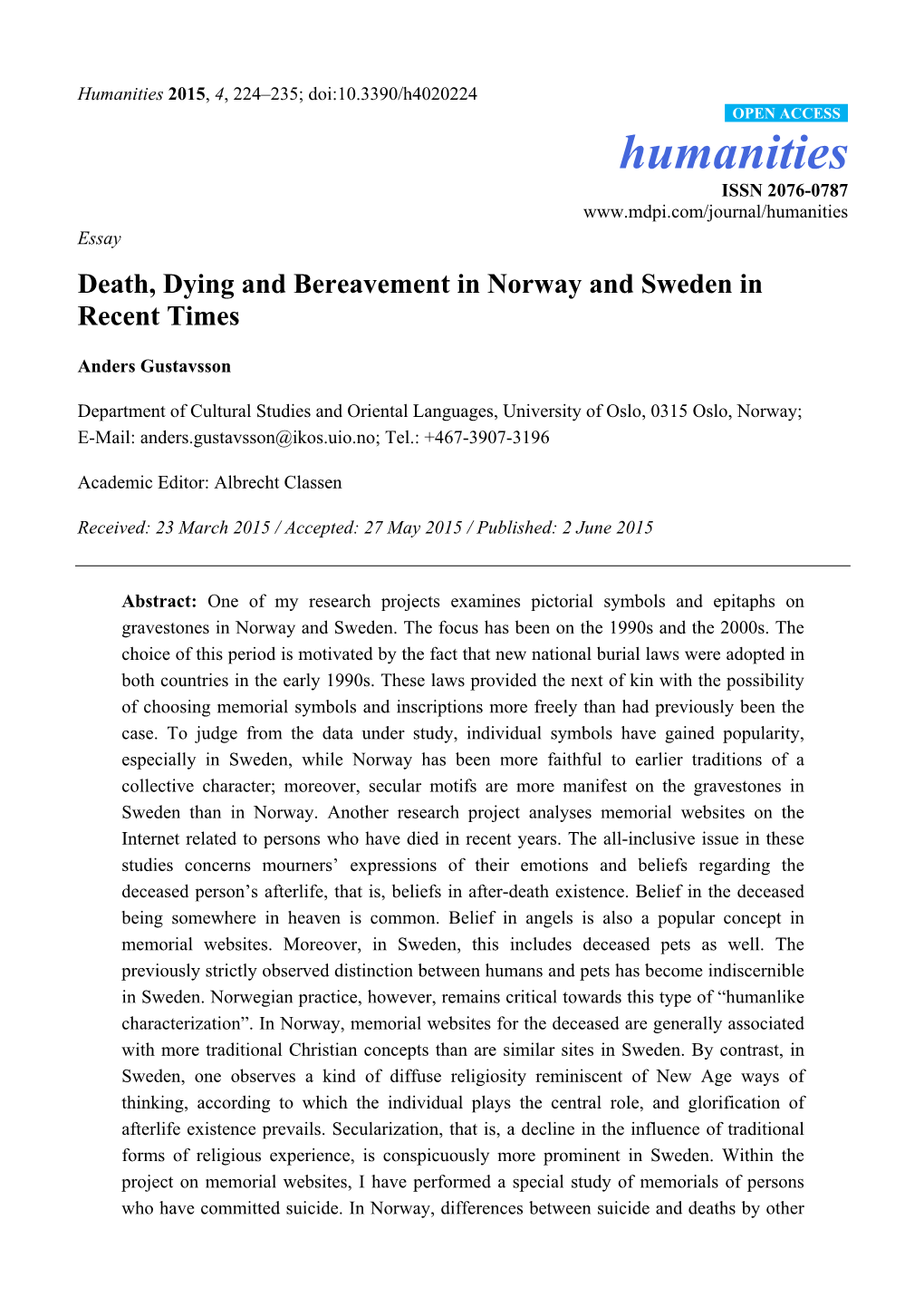 Death, Dying and Bereavement in Norway and Sweden in Recent Times