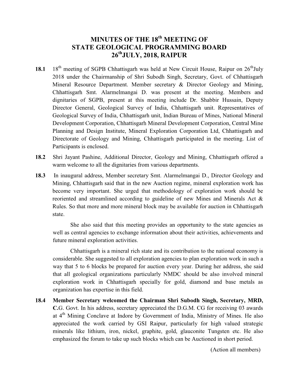 Minutes of the 18 Meeting of State Geological Programming Board 26 July, 2018, Raipur