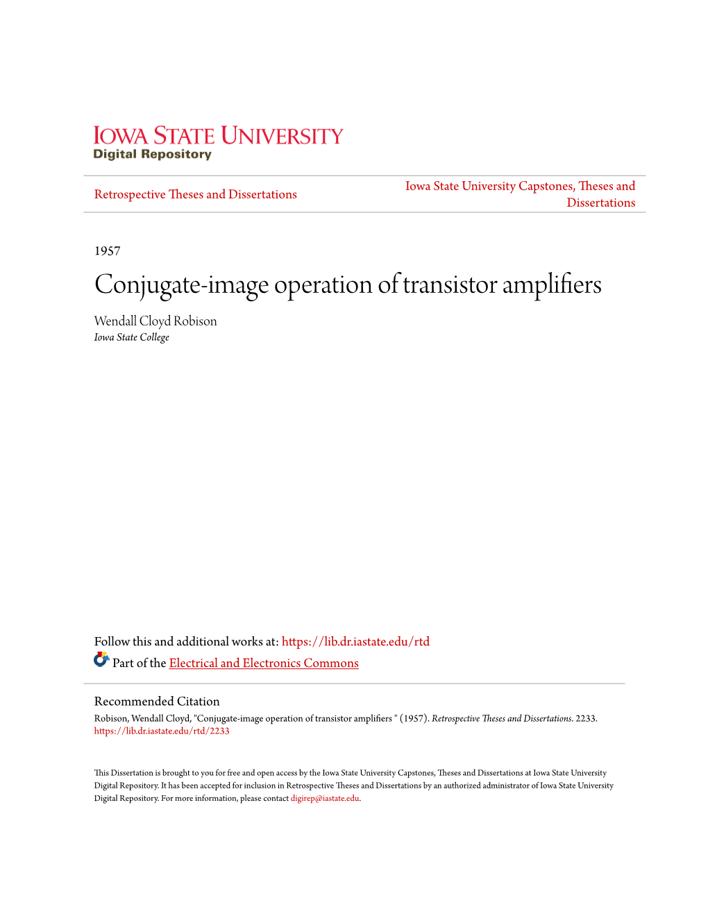 Conjugate-Image Operation of Transistor Amplifiers Wendall Cloyd Robison Iowa State College