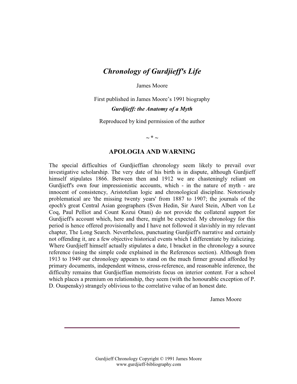 Chronology of Gurdjieff's Life