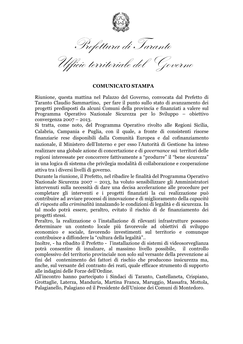 Prefettura Di Taranto Ufficio Territoriale Del Governo